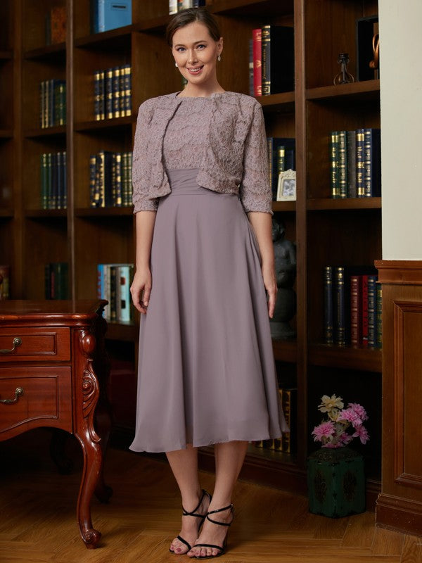Wholesale A-Line/Princess Chiffon Lace Scoop Sleeveless Tea-Length Mother of the Bride Dresses